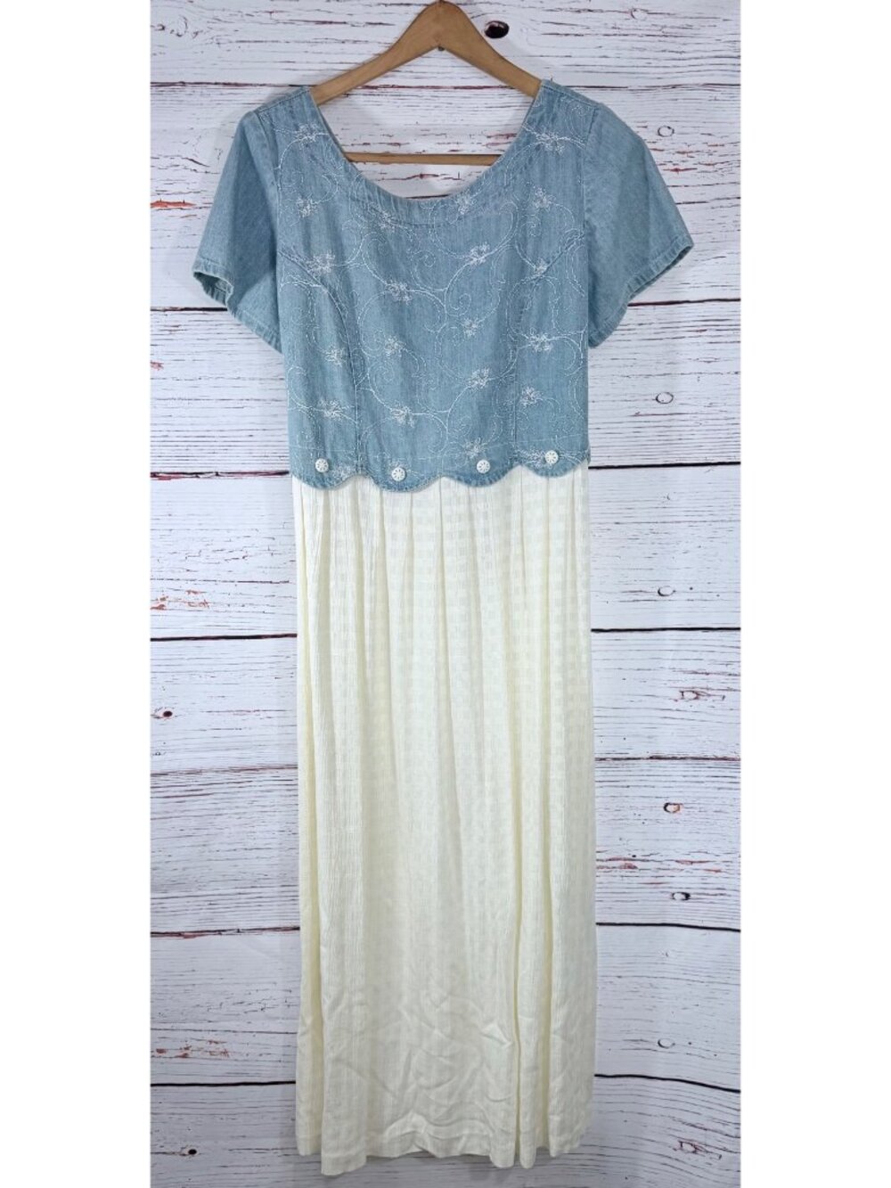 Ms Conduct California Womens Sz 12 Denim & Cream Maxi Dress Embroidered Bodice